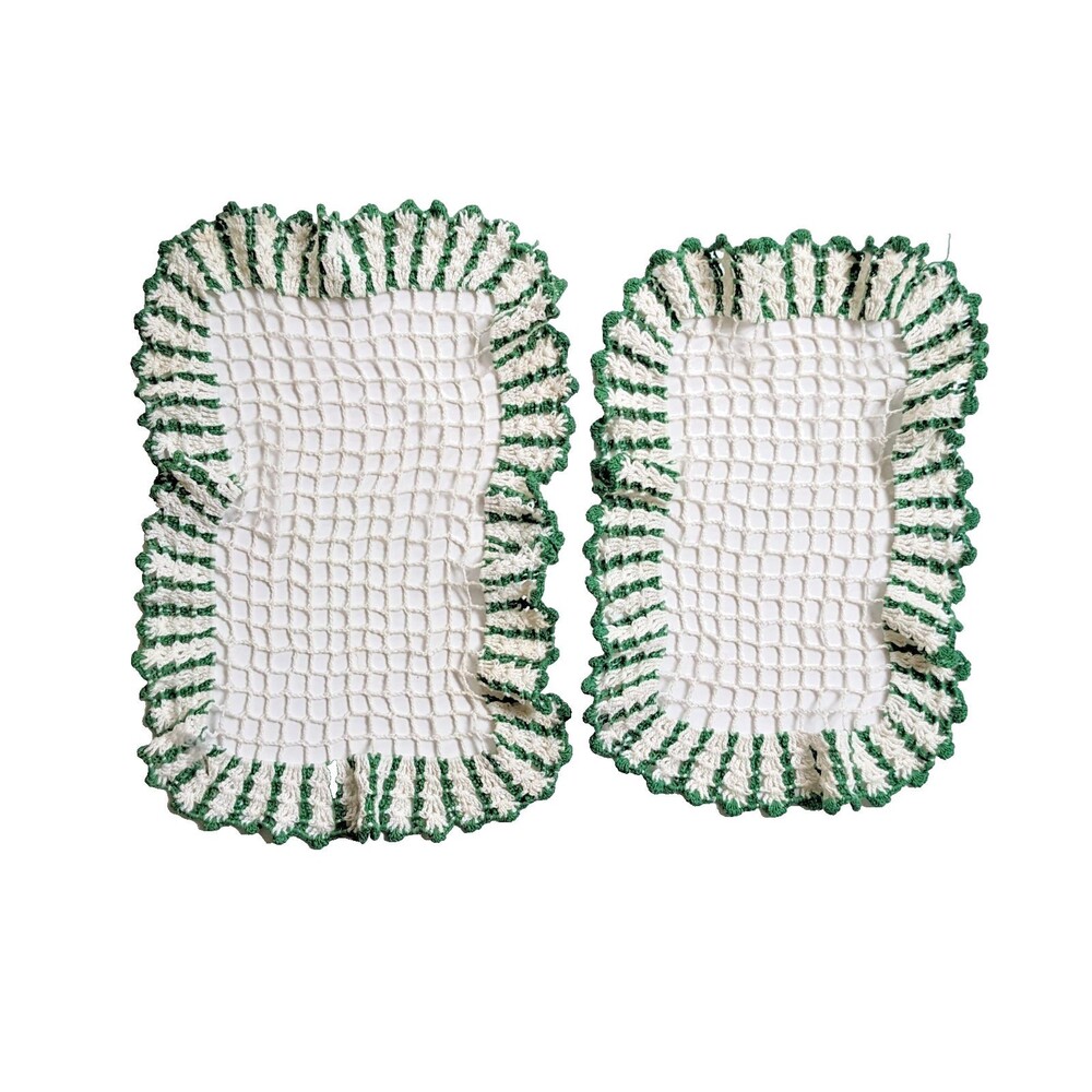 Vintage Crochet Doily Set Green‎ White Rectangular Lace Dresser Scarves Set of 2